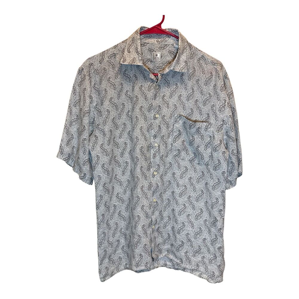 Peter Millar Gray Paisley 100% Linen Shirt Mens M Short Sleeve Button Golf Beach